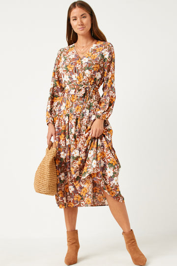 HN4407 BROWN Womens Puff Sleeve Floral Print Belted Surplice Dress Back